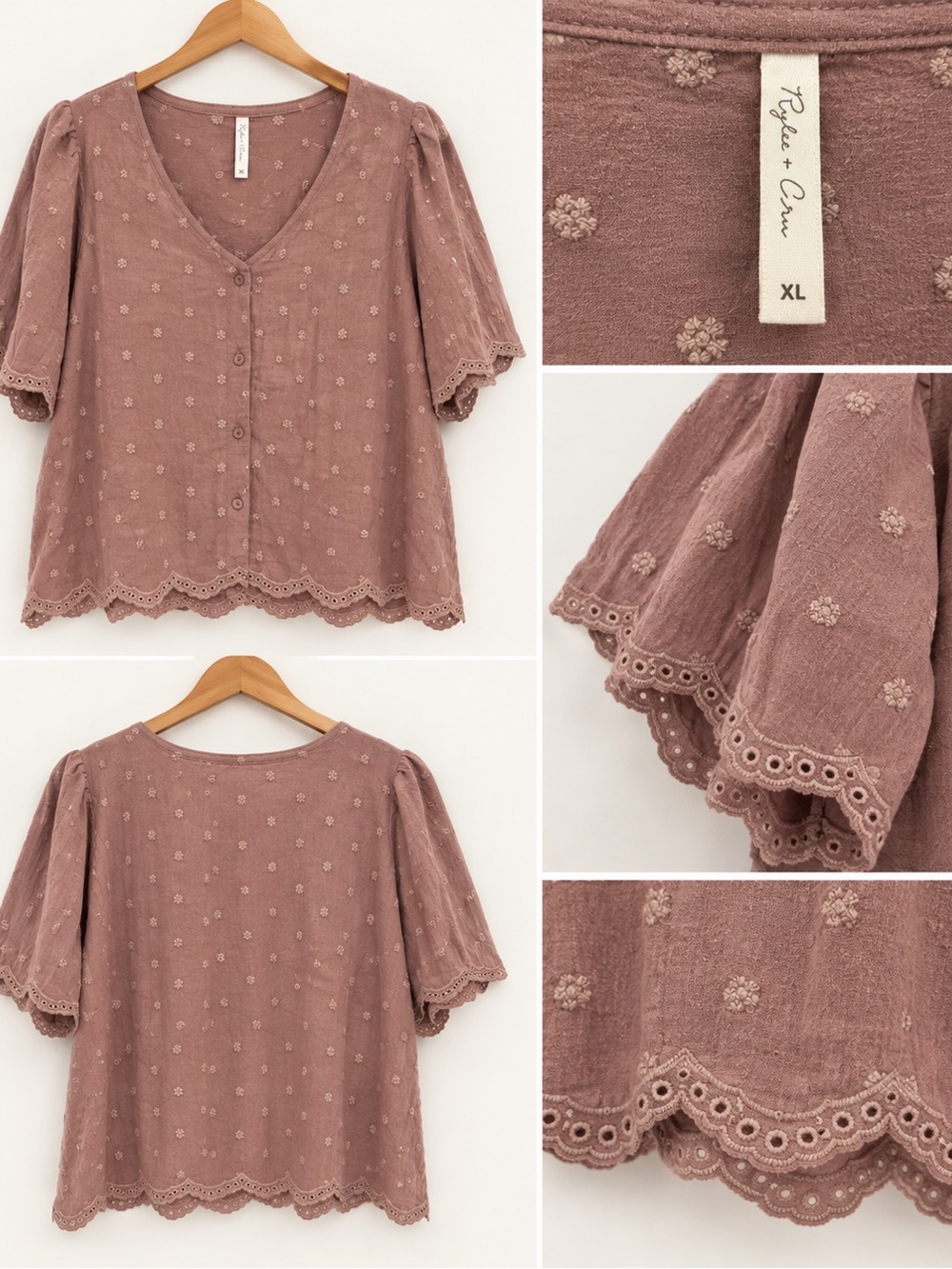 Rylee + Cru Dusty Rose Eyelet Button-Front Blouse